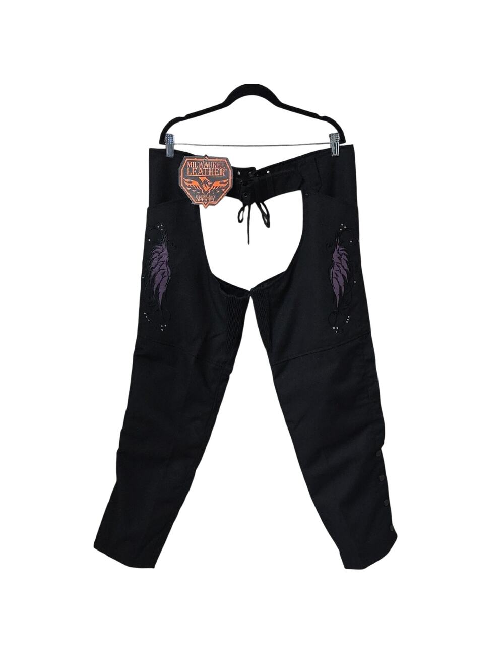 Milwaukee Leather Black Chaps Purple Feather Accent Textile Chaps Womens XXL NWT
